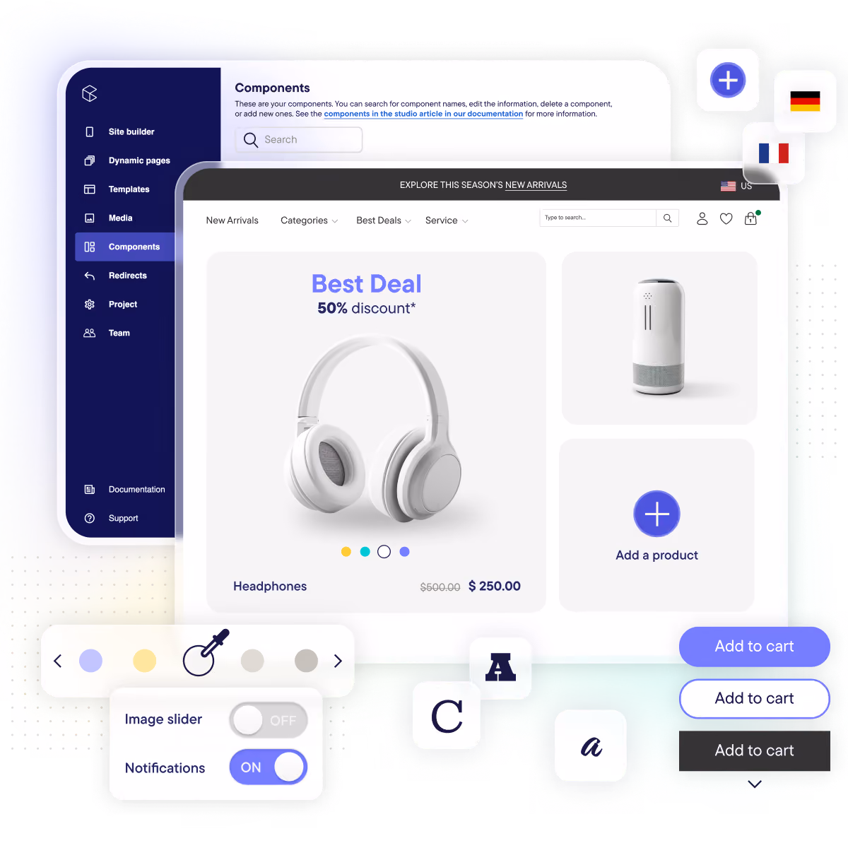 Webshop storefront builder with product components